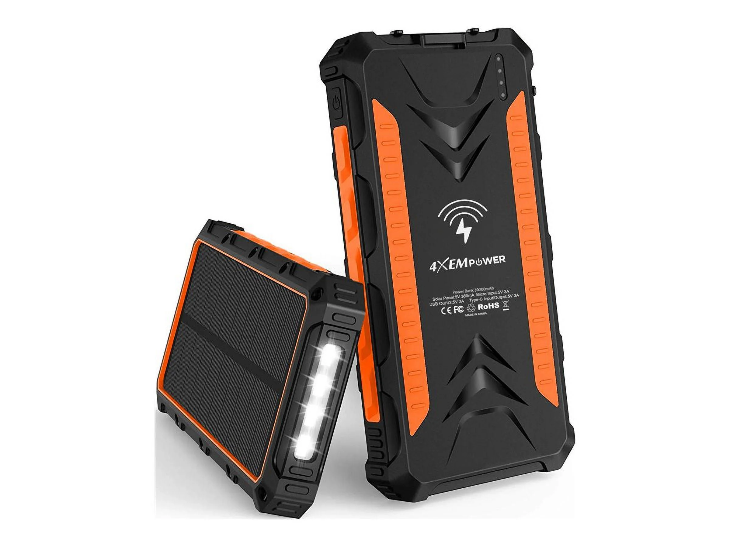 4XEM 4XSOLARPWR30OR — 30000mAh Orange Solar Power Bank with USB-C & USB-A