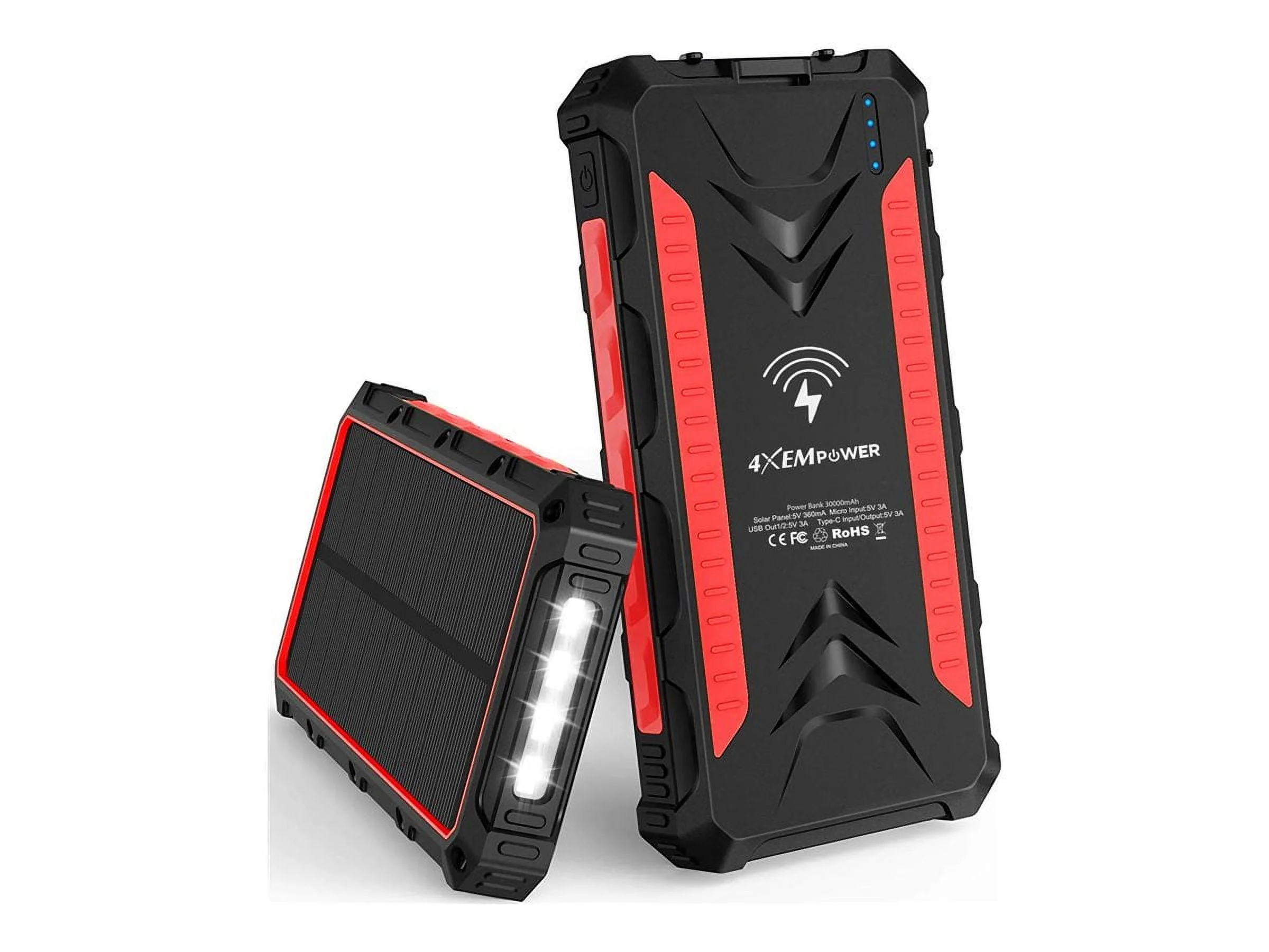 4XEM 4XSOLARPWR30RD — 30000mAh High-Capacity Solar Power Bank - Red