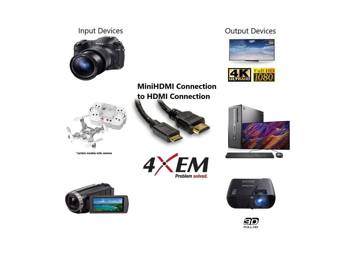 4XEM 4XHDMIMINI10FT — 10FT Mini HDMI to HDMI Cable 4K
