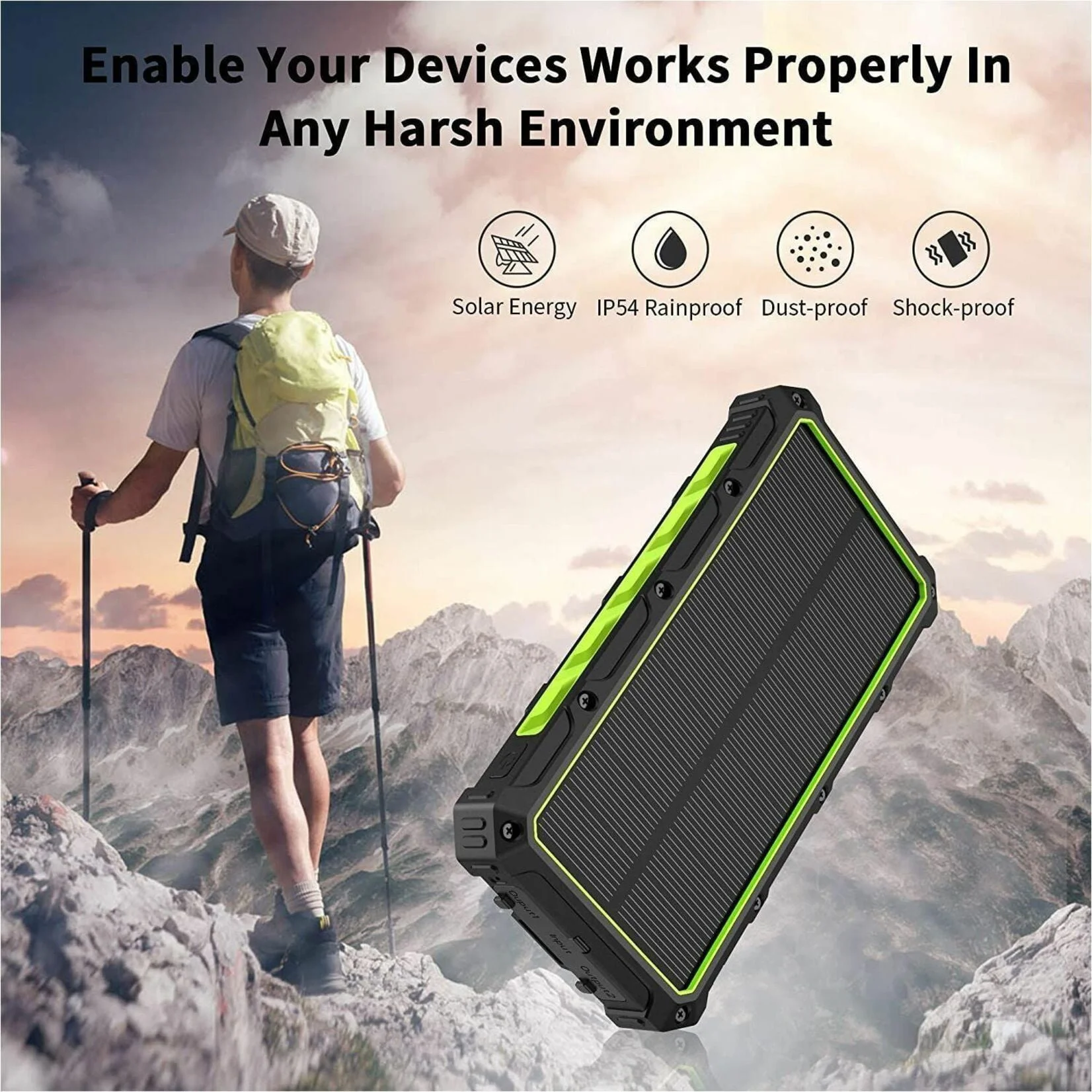 4XEM 4XSOLARPWRBK — High-Capacity 20000mAh Solar Power Bank Charger