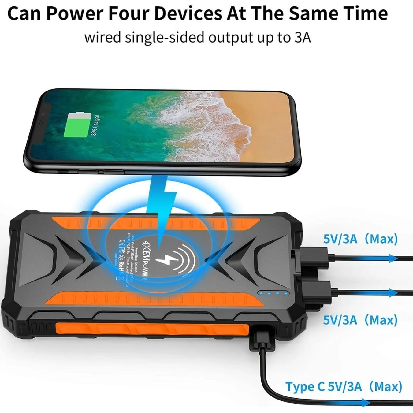4XEM 4XSOLARPWROR — 20000mAh Solar Power Bank - Orange