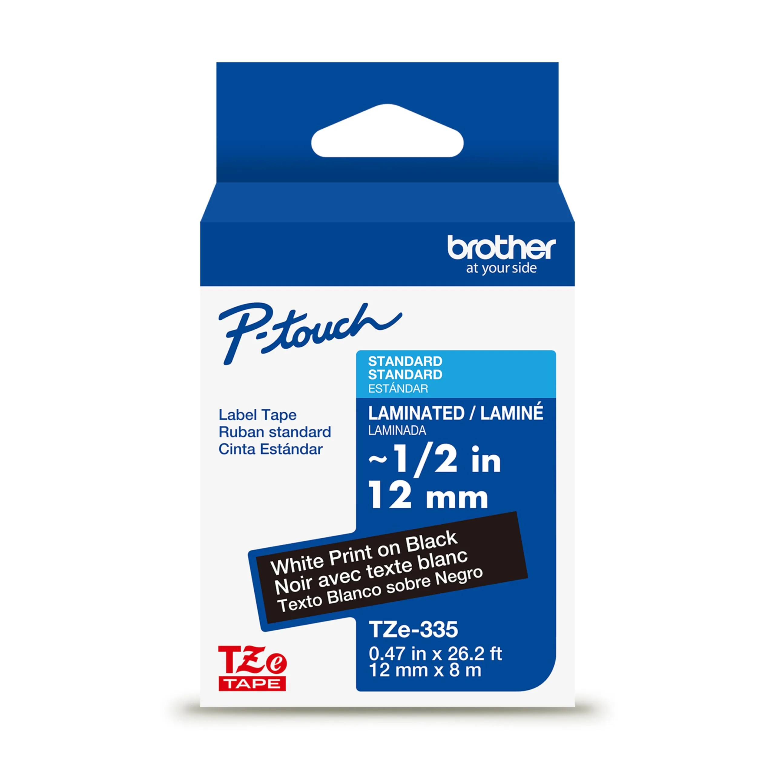 Brother TZE335G — BROTHER MOBILE, 1/2IN X 26.2FT (12MM X 8M) WHITE ON BLACK STANDARD ADHESIVE LAMINATED TAPE