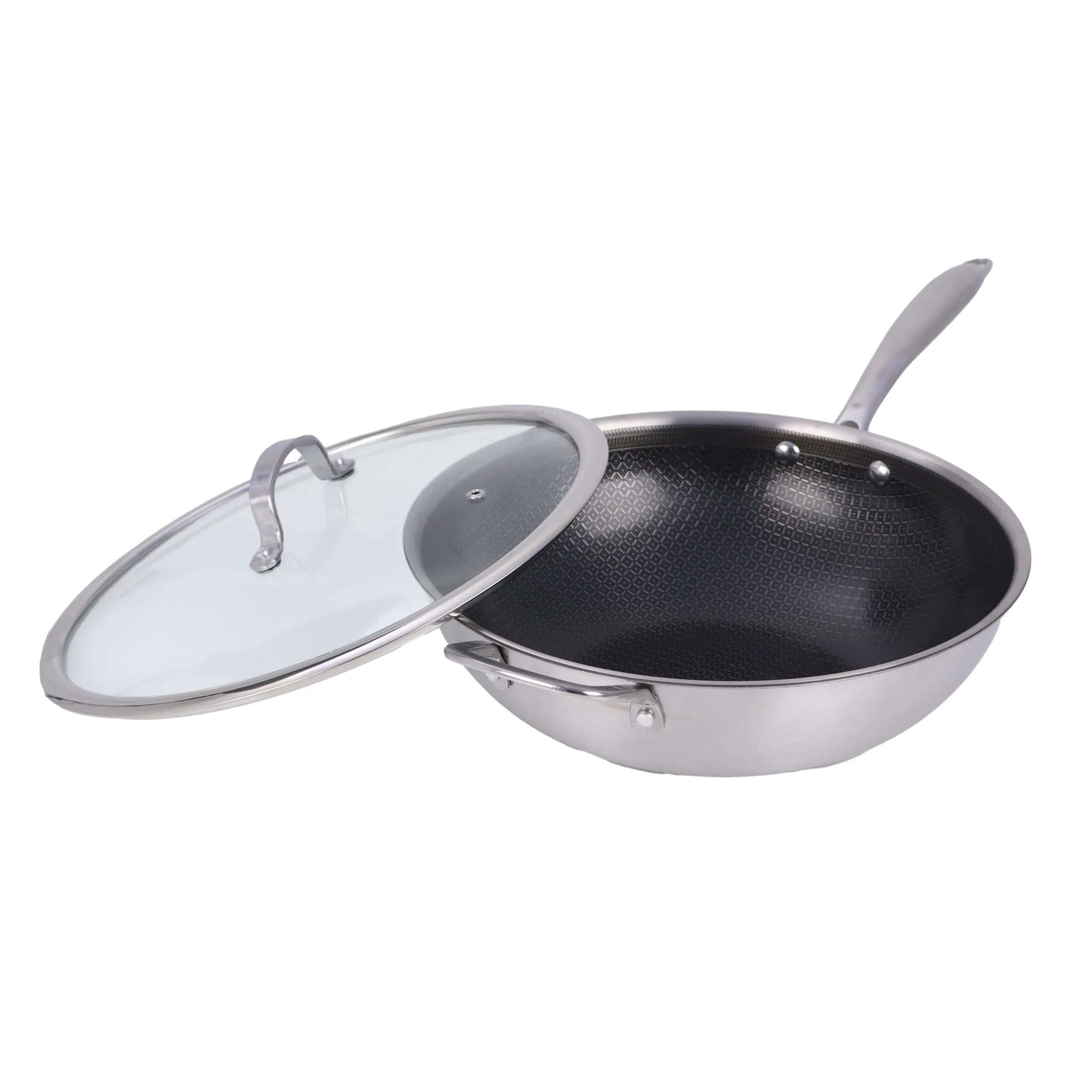Brentwood B-WH30L — Brentwood 12-inch 4.2 Quarts Hybrid Non-Stick Stainless Steel Wok with Glass Lid