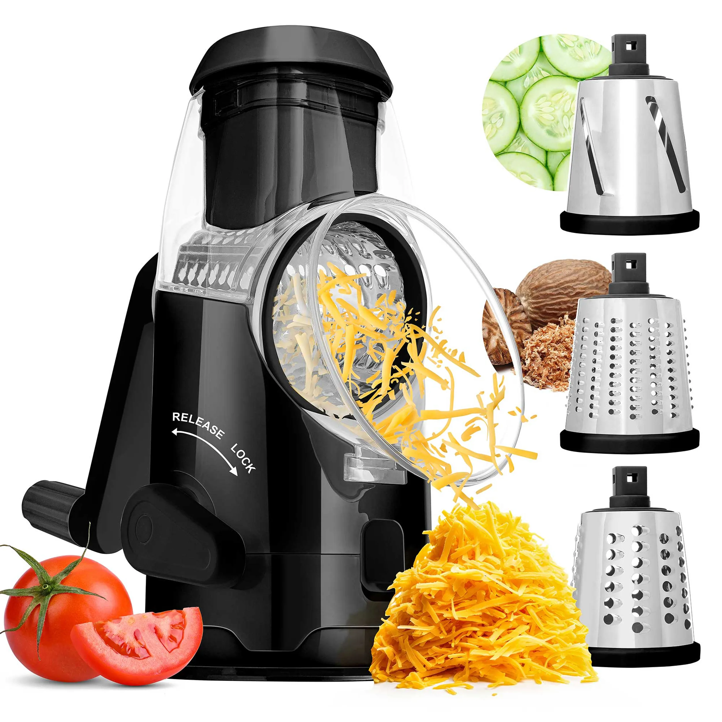 Brentwood KA-5060BK — Brentwood Rotary Cheese Grater Slicer in Black with 3 Drum Blades