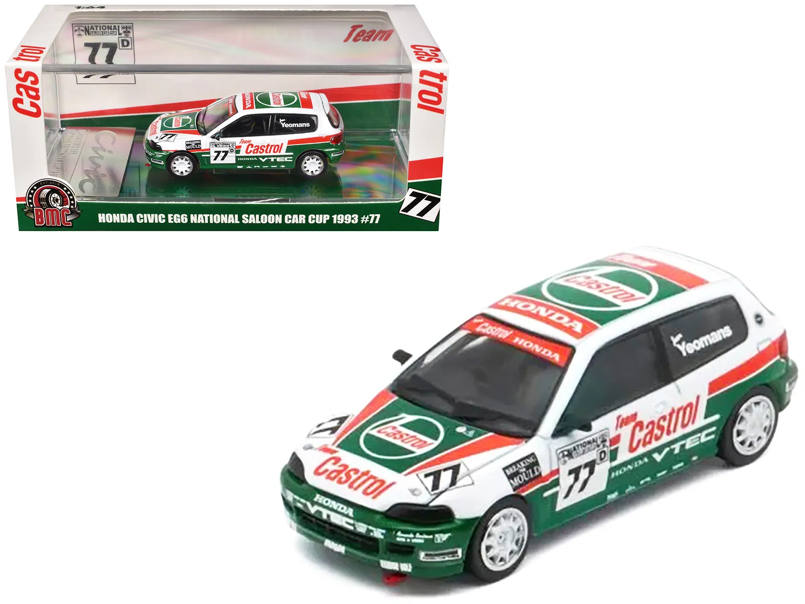 Bm Creations 64B0478 — Honda Civic EG6 RHD (Right Hand Drive) #77 Team Castrol "National Saloon Car Cup" (1993) 1/64 Diecast Model Car by BM Creations