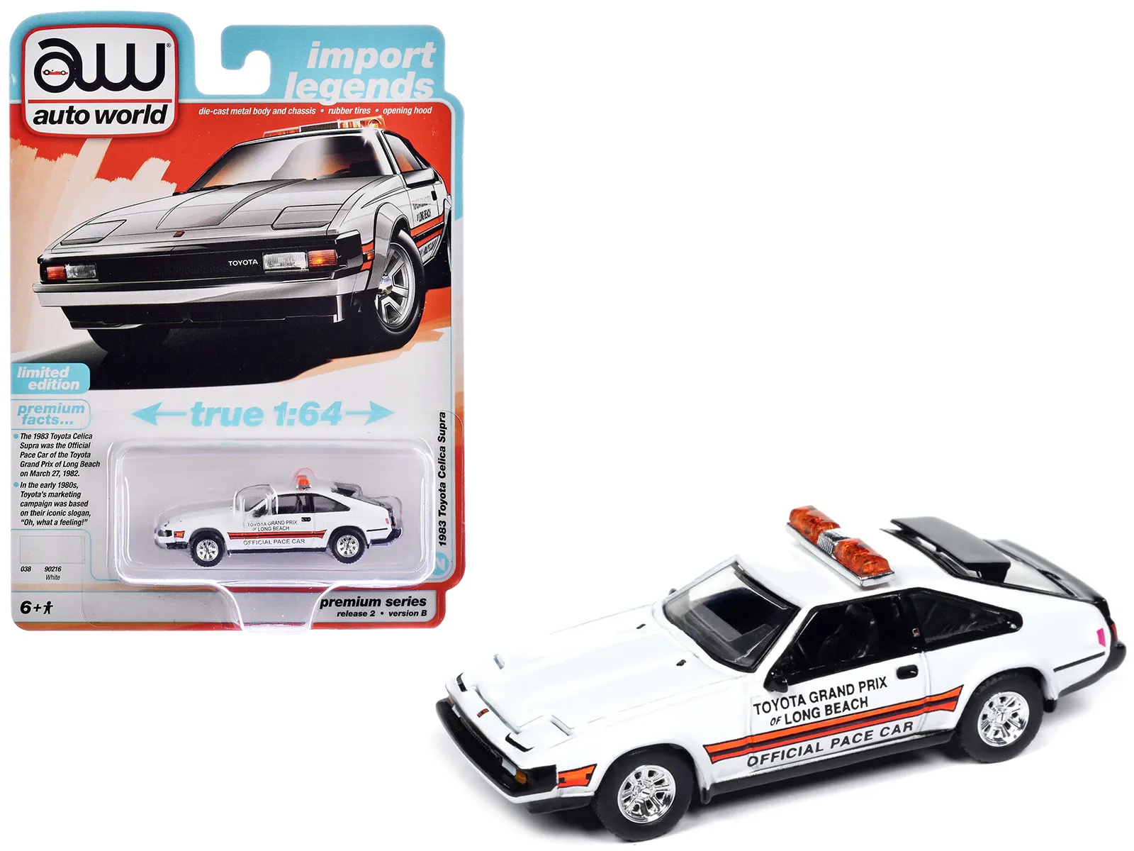Autoworld 64442-AWSP166B — 1983 Toyota Celica Supra "Toyota Grand Prix of Long Beach Official Pace Car" White "Import Legends" Series 1/64 Diecast Model Car by Auto World
