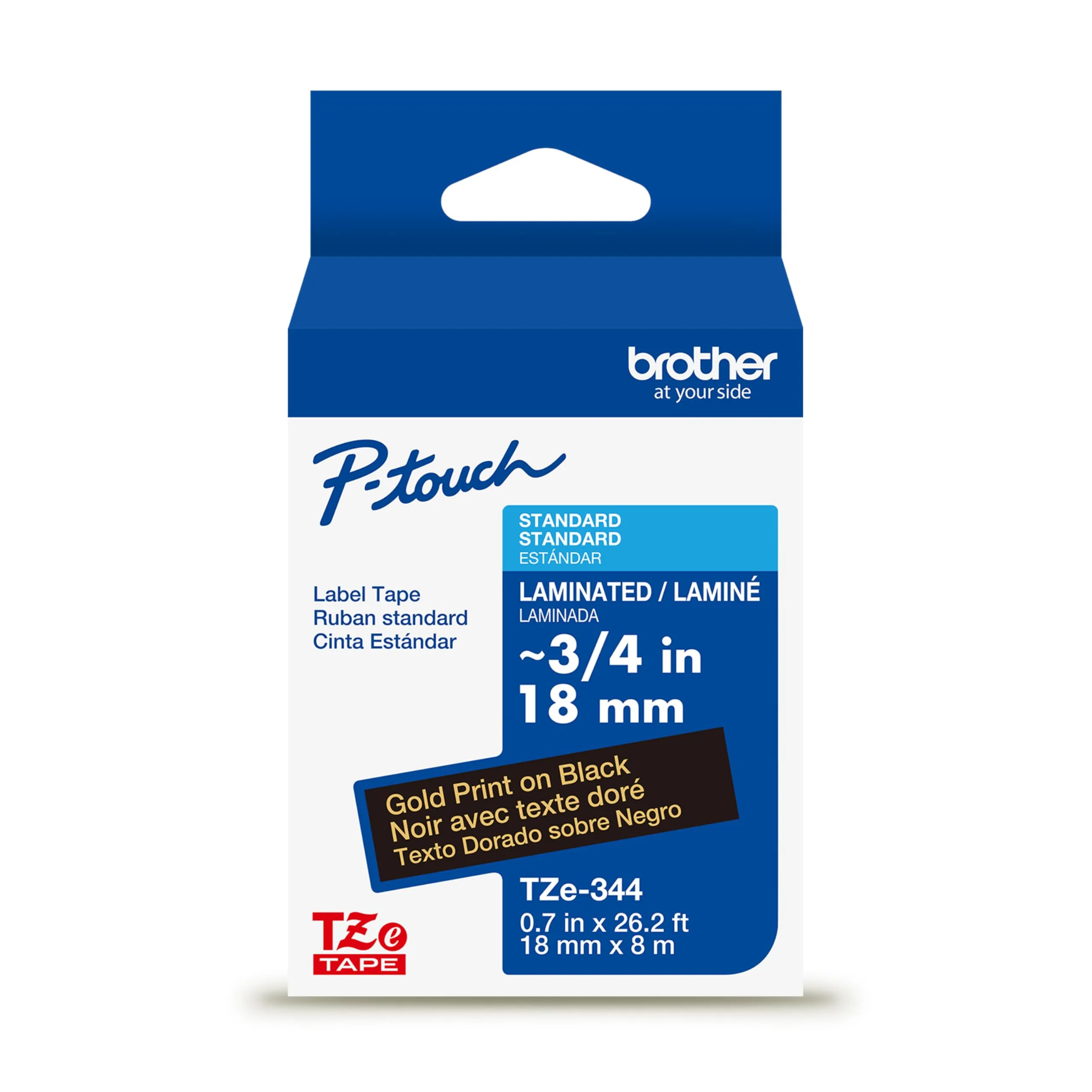 Brother TZE344 — Brother 18mm (3/4") Gold on Black Laminated Tape (8m/26.2') (1/Pkg) For use in TZ P-Touch: All TZ Machines Except PT-200 1100 1130 1300 1160 1170S 1180 1200 2030 2730 ST-1150