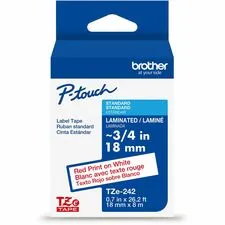 Brother TZE242G — BROTHER MOBILE, 3/4IN X 26.2FT (18MM X 8M) RED ON WHITE STANDARD ADHESIVE LAMINATED TAPE