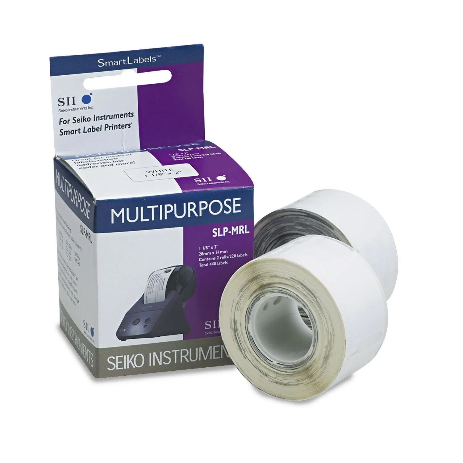 SEIKO SLP-MRL — SEIKO, CONSUMABLES, SLP-MRL MULTIPURPOSE LABELS, WHITE, 1-1/8" BY 2", 220 LABLES PER ROLL, 2 ROLLS PER BOX.