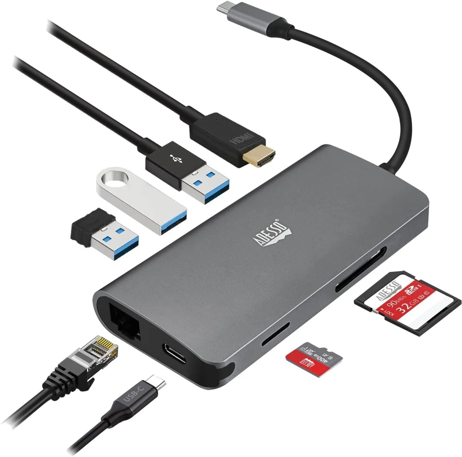 Adesso AUH-4030 — ADESSO 8-IN-1 USB-C MULTIPORT DOCKING STATION WITH 1XTYPE C PORT, 3X USB 3.0-A+P
