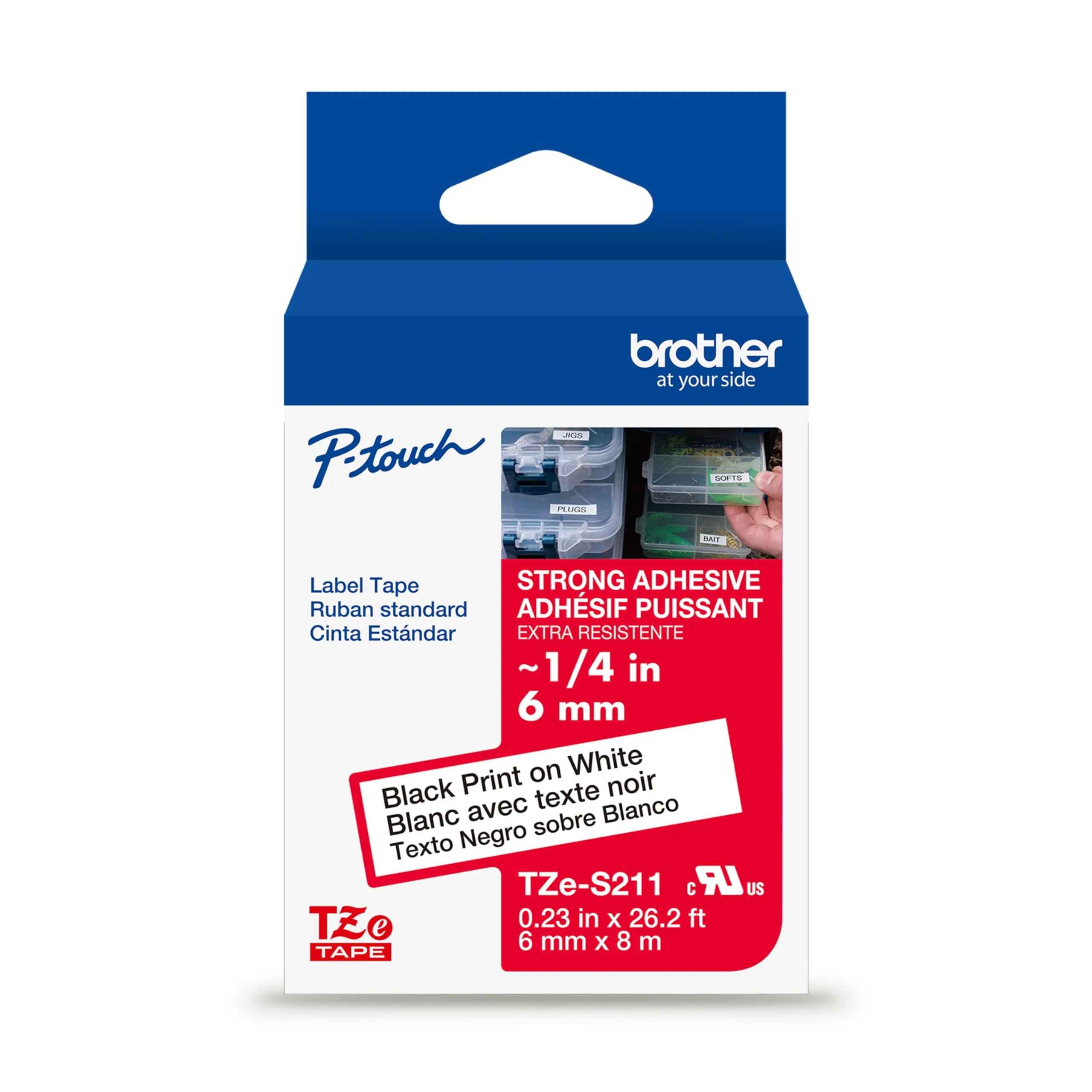 Brother TZES211 — Brother 6mm (1/4") Black on White Extra Strength Super Adhesive Industrial Tape (8m/26.2') (1/Pkg) For use in TZ P-Touch: All TZ Machines