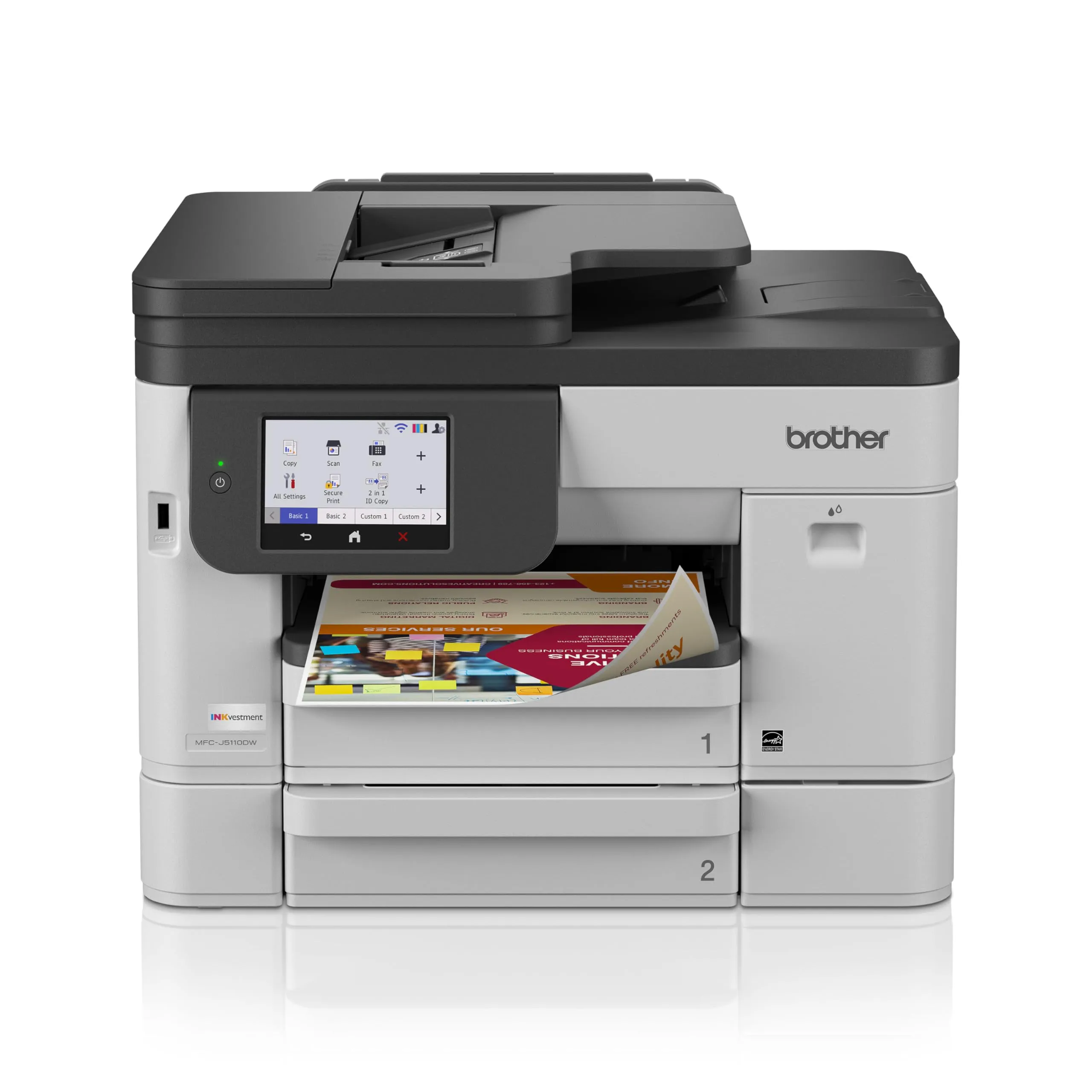 Brother BRT MFCJ5110DW — Brother MFC-J5110DW Wired & Wireless INKvestment Tank Inkjet Multifunction Printer - Color - White - Copier/Fax/Printer/Scanner - 28 ppm Mono/26 ppm Color Print - 4800 x 1200 dpi Print - Automatic Duplex Print - Up to 35000 Pages Monthly - Color ADF Scanner - 19200 dpi Optical Scan - Gigabit Ethernet - Wireless LAN - Wi-Fi Direct, Brother Mobile Connect, Mopria, Apple AirPrint, Brother iPrint&Scan - USB - 1 Each