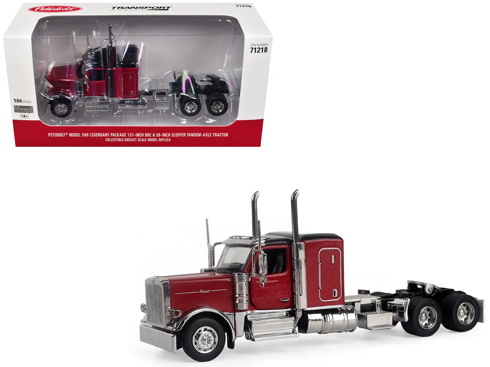 Diecast Masters 71218 — Peterbilt 589 Tandem-Axle Legendary Package Truck Tractor with 58" Sleeper Legendary Red "Transport Series" 1/64 Diecast Model by Diecast Masters