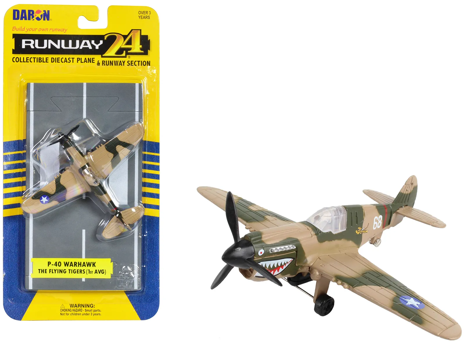 Runway24 RW185 — Curtiss P-40 Warhawk Fighter Aircraft Camouflage "Flying Tigers-First American Volunteer Group" with Runway Section Diecast Model Airplane by Runway24