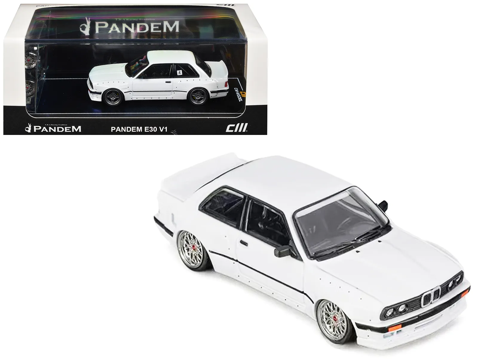 CM Models CM64-E30-01 — Pandem E30 V1 White with Extra Wheels 1/64 Diecast Model Car by CM Models