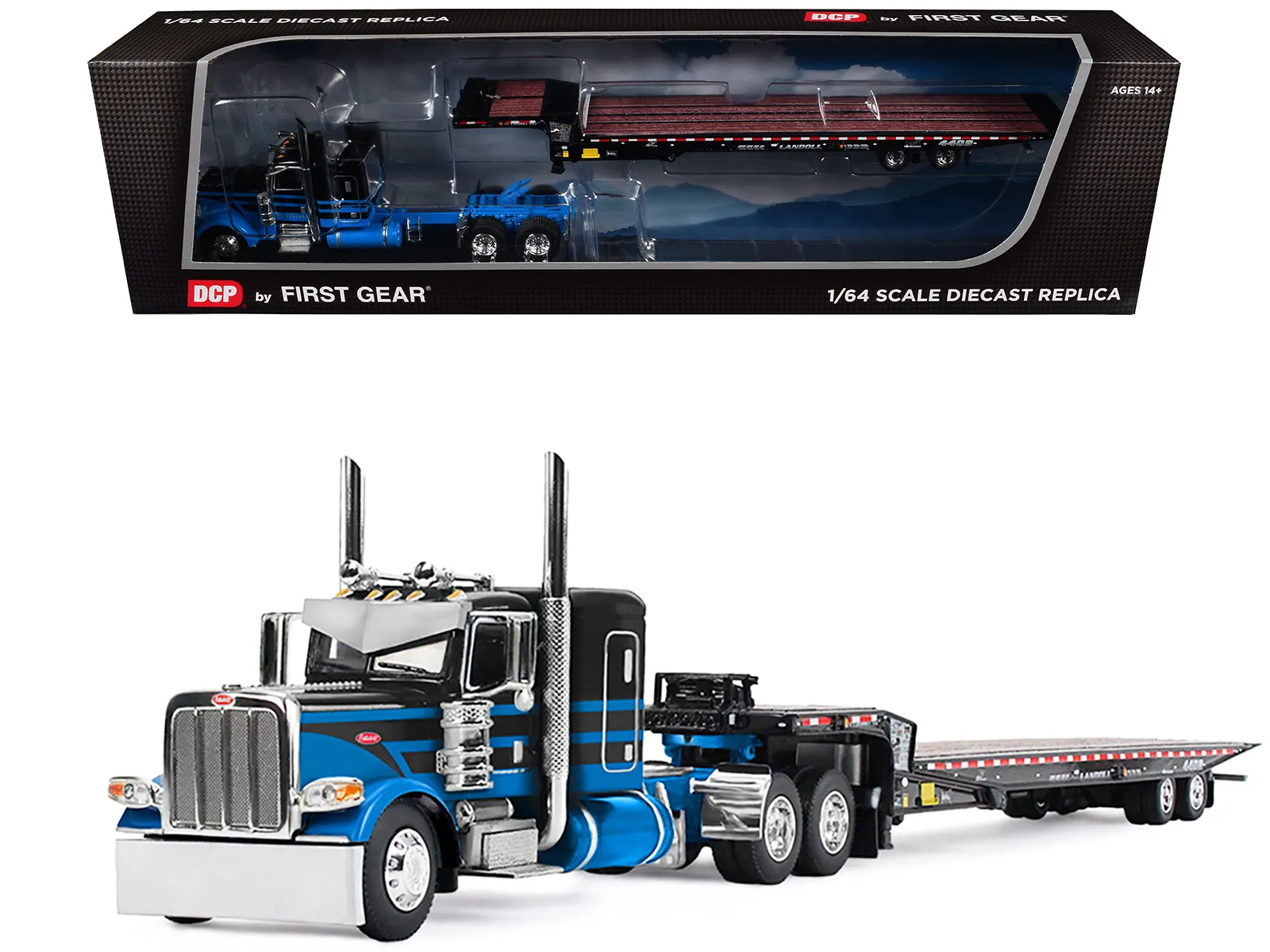 First Gear 60-2190 — Peterbilt 389 with 48" Flat Top Sleeper and Landoll 440B-50CA Traveling Axle Trailer Black with Blue Stripes 1/64 Diecast Model by DCP/First Gear