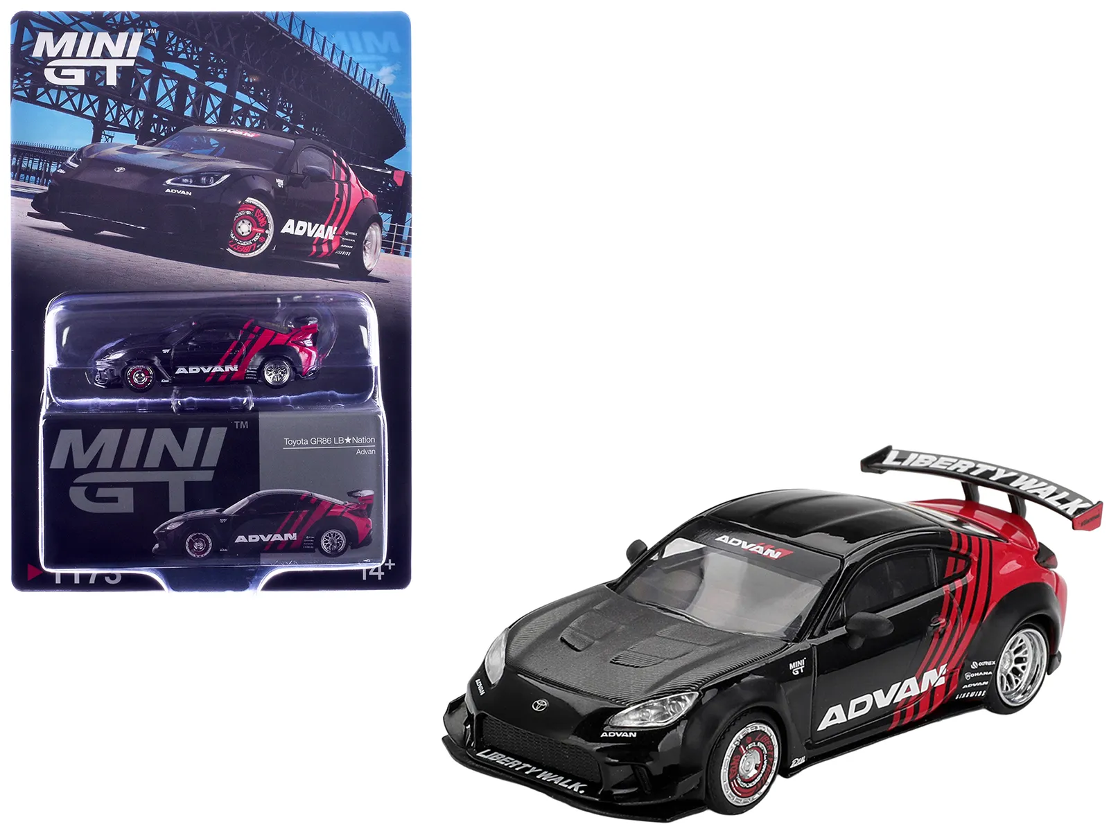Mini GT MGT01173 — Toyota GR86 "LB-Nation - Liberty Walk" RHD (Right Hand Drive) "ADVAN" Black and Red with Carbon Hood Limited Edition 1/64 Die Cast Model Car by Mini GT