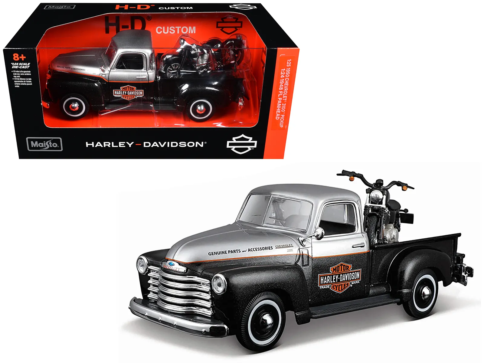 Maisto 32198SLBK — 1950 Chevrolet 3100 Pickup Truck "Harley Davidson" Silver Metallic and Black with 1948 Harley Davidson FL Panhead Motorcycle Black "HD Custom" Series 1/24 Diecast Models by Maisto