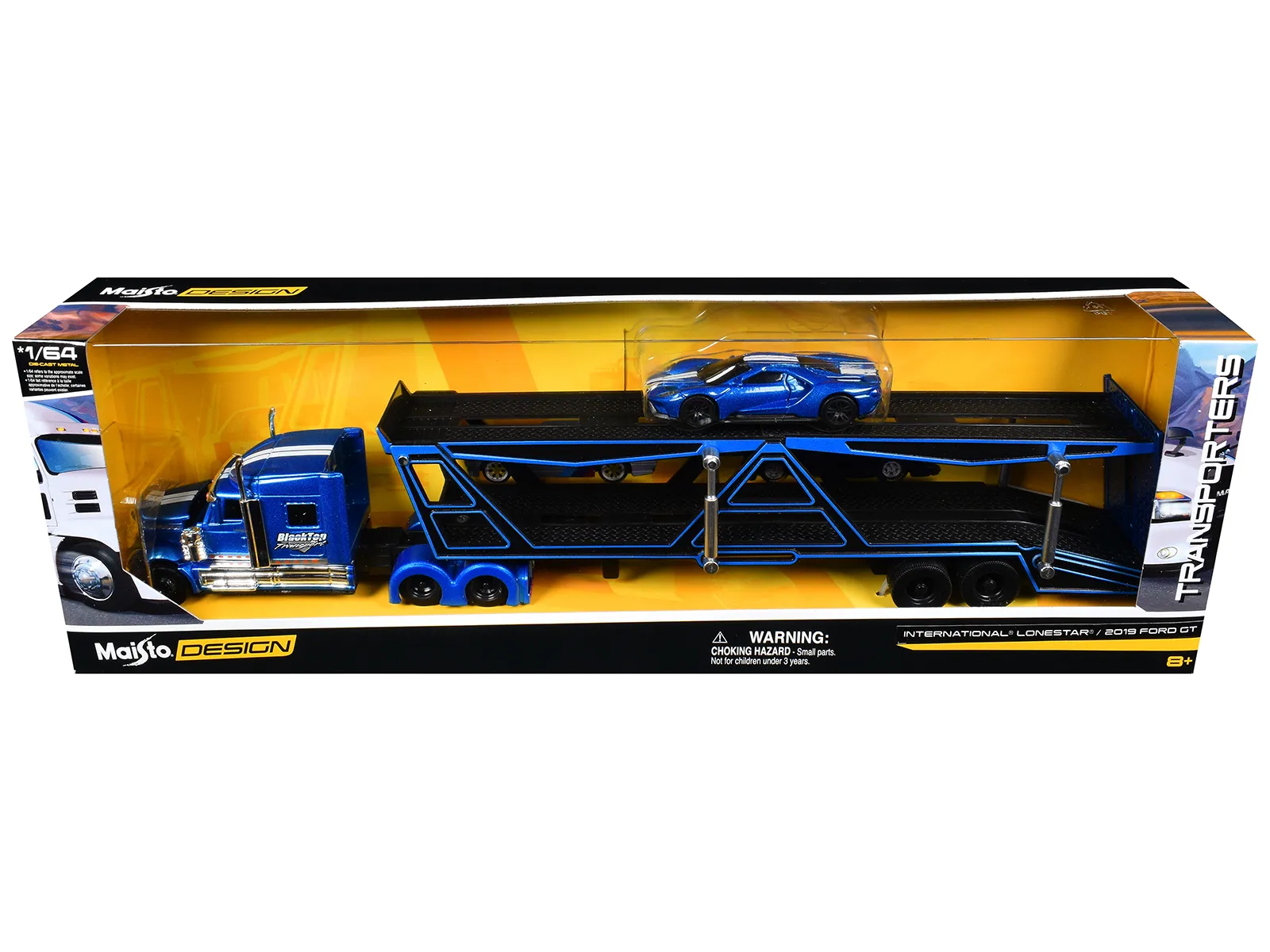 Maisto 11454BL — International Lonestar "BlackTop Transport" Open Car Hauler Blue Metallic with White Stripes and Graphics and 2019 Ford GT Blue Metallic with White Stripes "Transporters" Series 1/64 Diecast Models by Maisto