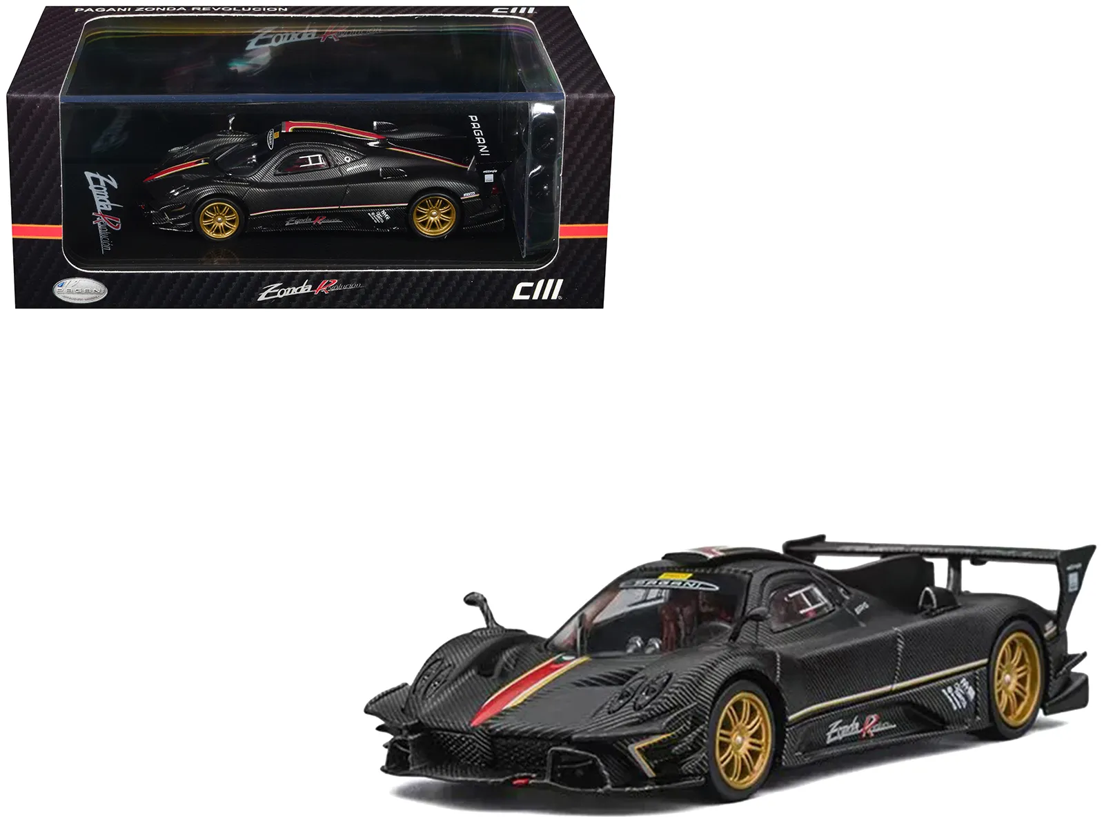 CM Models CM64-REVOLUCION-12 — Pagani Zonda Revolucion Carbon with Red and Gold Stripes and Extra Wheels 1/64 Diecast Model Car by CM Models