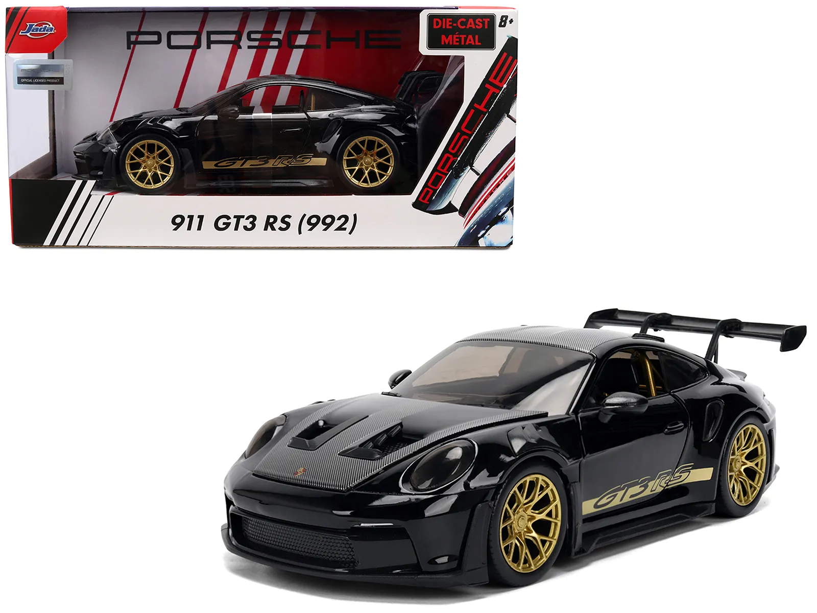 Jada Toys 37810 — Porsche 911 (992) GT3 RS Black with Carbon Top and Hood Stripes and Gold Wheels "Hyper-Spec" 1/24 Diecast Model Car by Jada