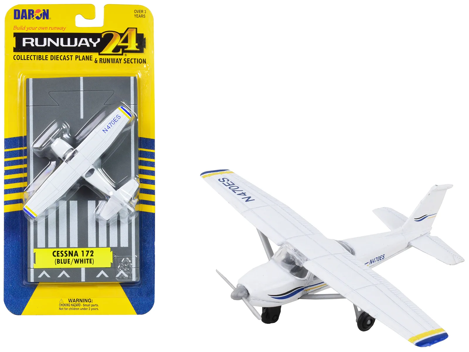 Runway24 RW065 — Cessna 172 Aircraft White with Blue and Yellow Stripes "N470ES" with Runway Section Diecast Model Airplane by Runway24