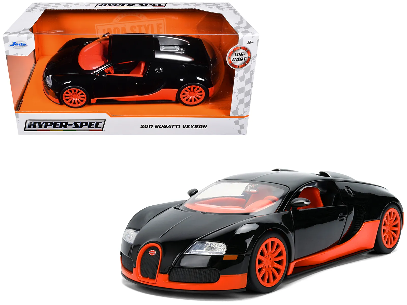 Jada Toys 37642 — 2011 Bugatti Veyron Black with Orange Accents and Orange Interior "Hyper-Spec" Series 1/24 Diecast Model Car by Jada