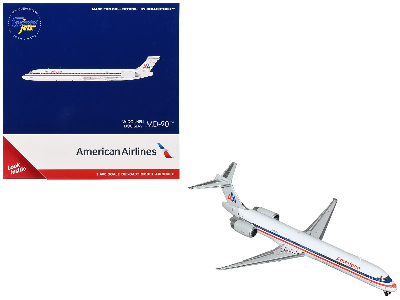 GeminiJets GJ1566 — McDonnell Douglas MD-90 Commercial Aircraft "American Airlines" (N904RA) White with Blue and Red Stripes 1/400 Diecast Model Airplane by GeminiJets