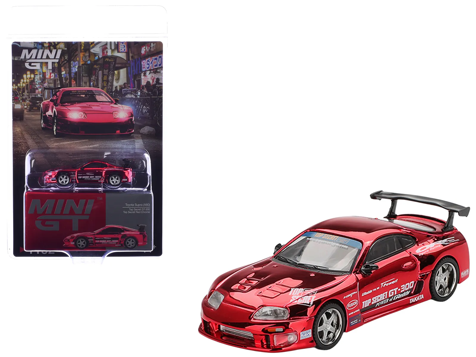 Mini GT MGT01132 — Toyota Supra (A80) Top Secret GT-300 RHD (Right Hand Drive) Red Chrome Limited Edition 1/64 Die Cast Model Car by Mini GT