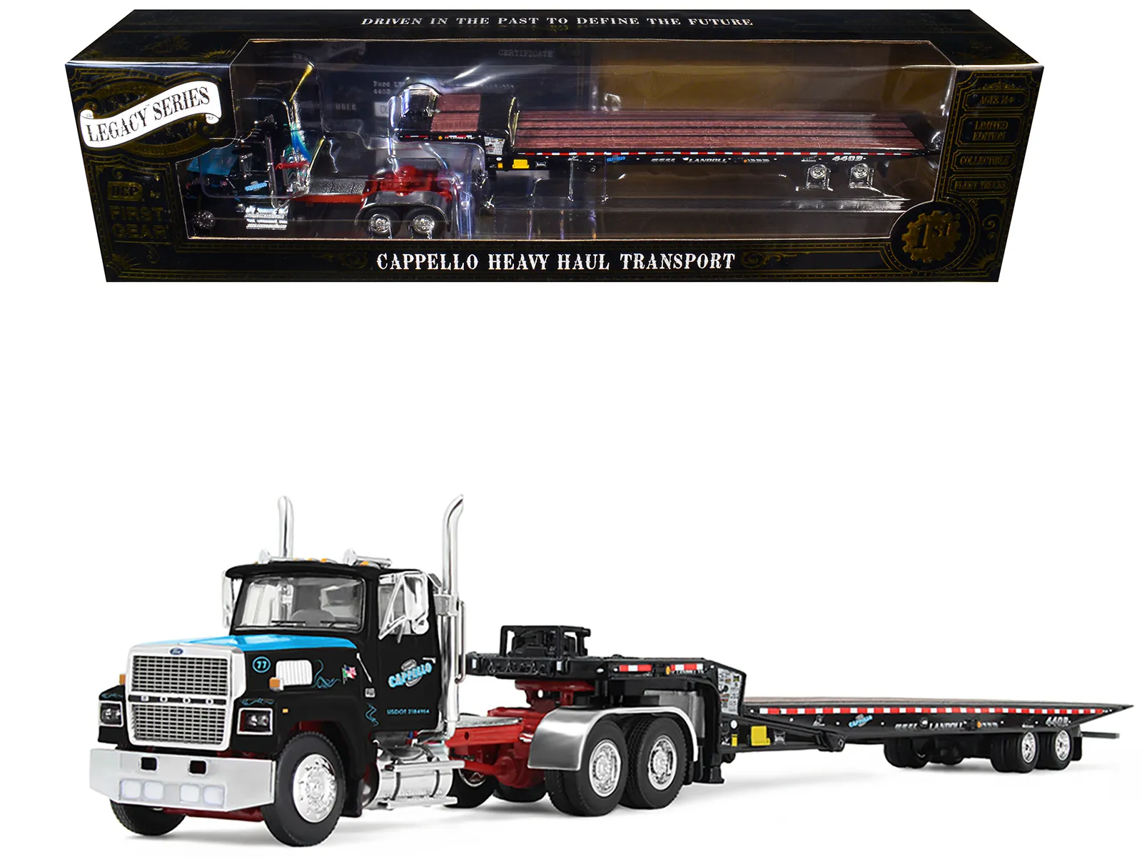 First Gear 69-2174 — Ford LTL 9000 Day Cab and Landoll 440B-50CA Traveling Axle Trailer "Cappello Heavy Transport" Black with Blue Hood "Legacy" Series #3 1/64 Diecast Model by DCP/First Gear
