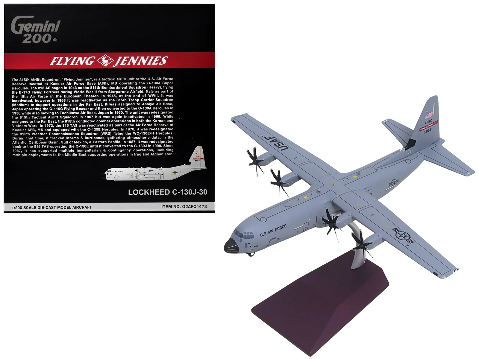GeminiJets G2AFO1473 — Lockheed C-130J-30 Super Hercules Transport Aircraft "05-8158 Flying Jennies 815th Airlift Squadron Keesler Air Force Base" United States Air Force "Gemini 200" Series 1/200 Diecast Model by GeminiJets