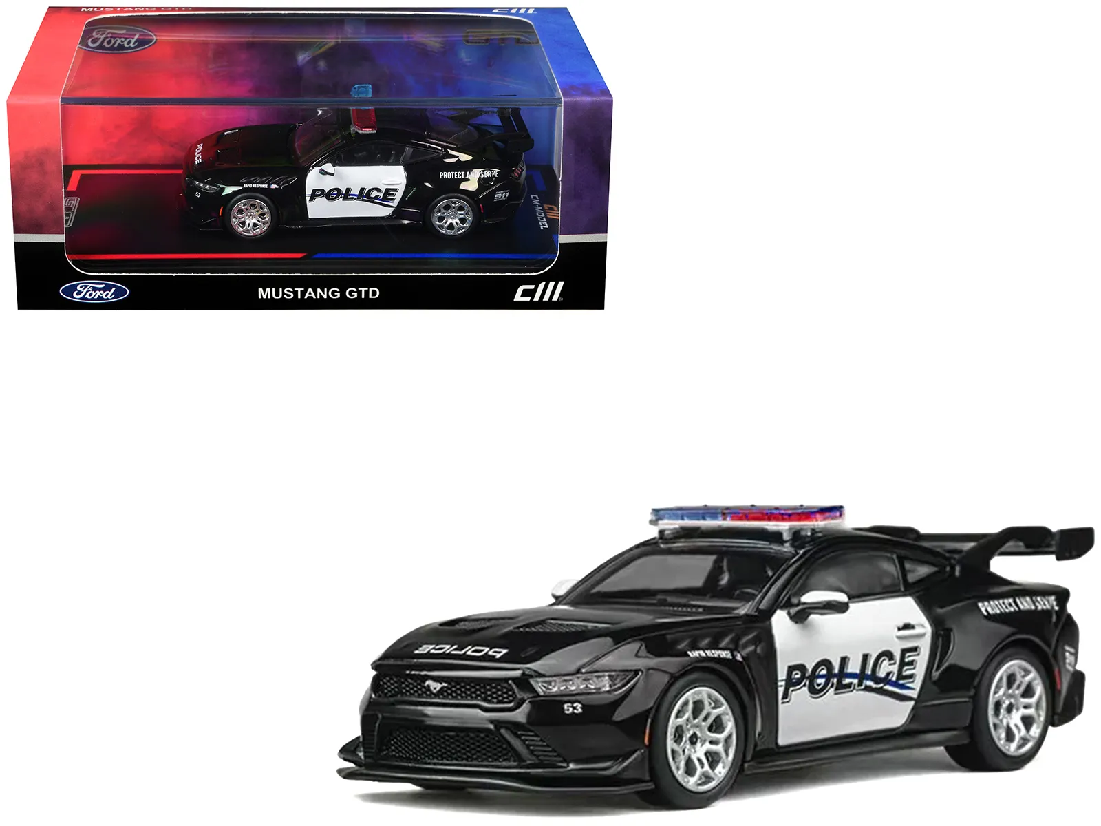 CM Models CM64-GTD-PD02 — Ford Mustang GTD "Police" Black and White 1/64 Diecast Model Car by CM Models