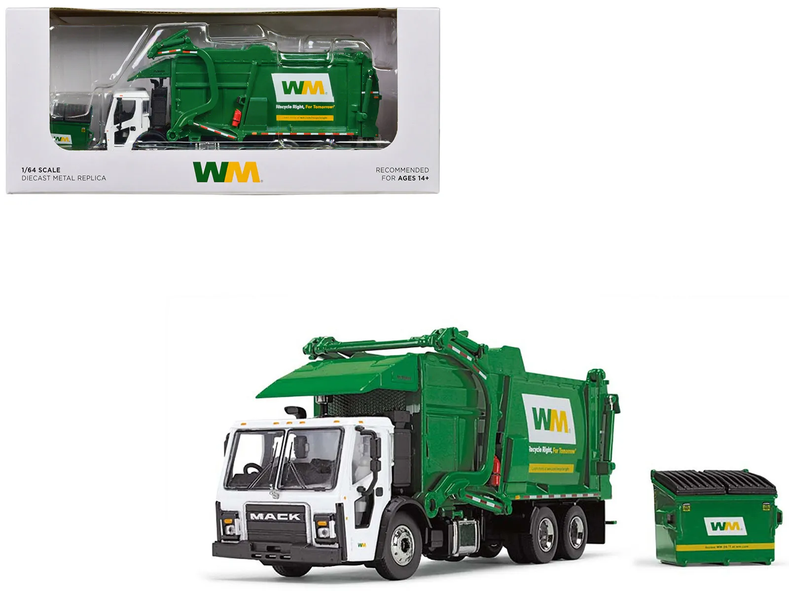 First Gear 60-1796D — Mack LR Garbage Truck with McNeilus Meridian Front Load Refuse Body White and Green with Refuse Bin "Waste Management" 1/64 Diecast Model by First Gear
