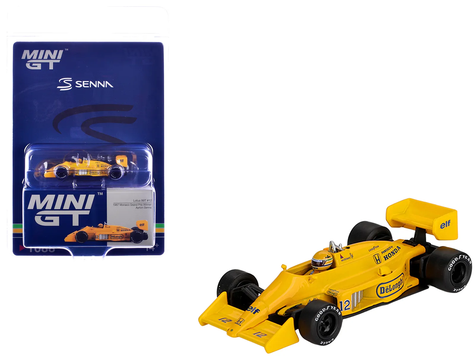 Mini GT MGT01088 — Lotus 99T #12 Ayrton Senna Winner Formula One F1 "Monaco GP" (1987) with Driver Figure Limited Edition 1/64 Die Cast Model Car by Mini GT