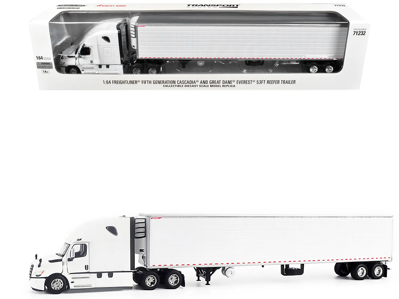 Diecast Masters 71232 — 2025 Freightliner Cascadia Gen-5 Truck Tractor with Sleeper and Great Dane Champion 53ft Refrigerated Trailer Winter White "Transport Series" 1/64 Diecast Model by Diecast Masters