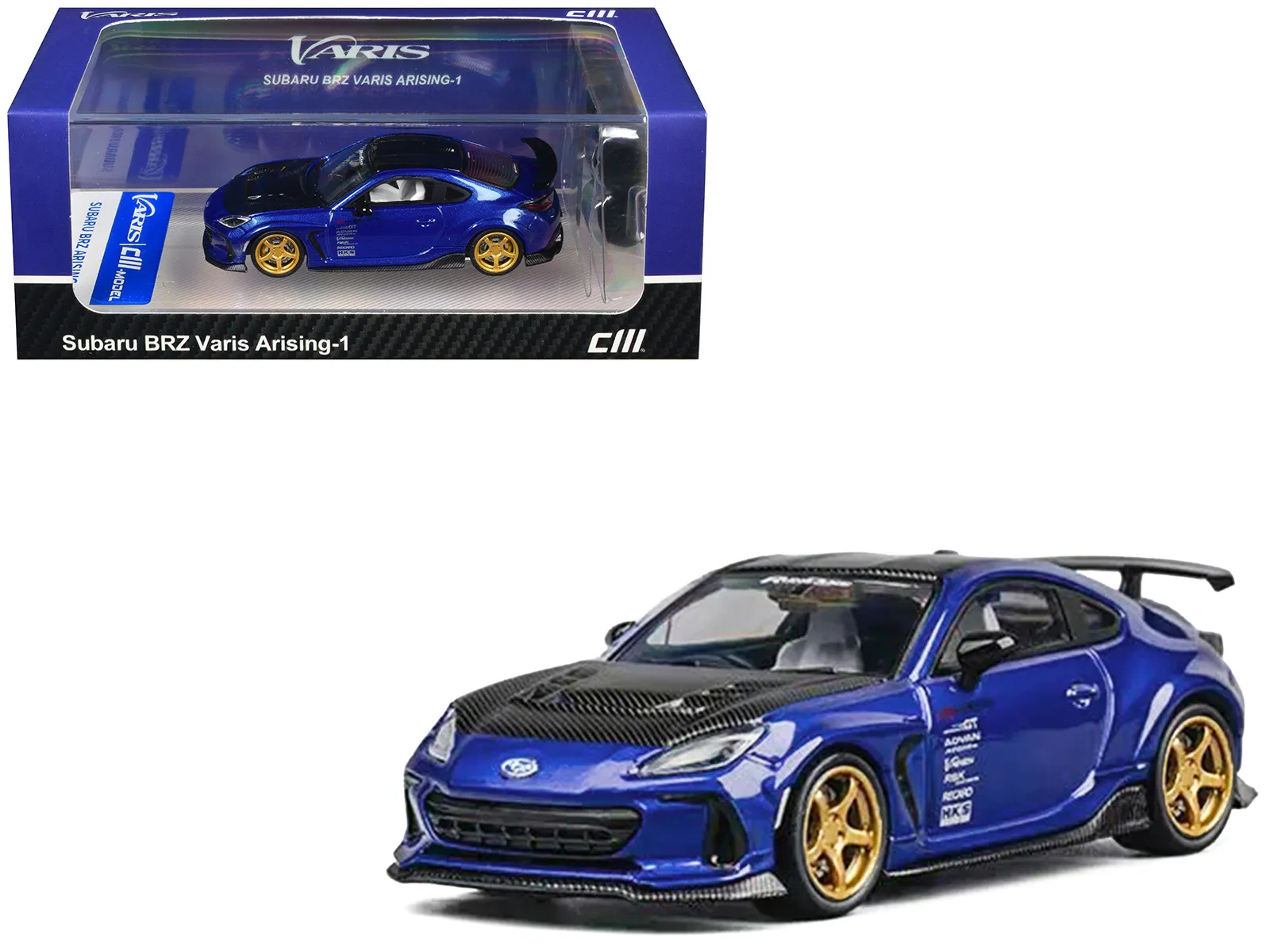 CM Models CM64-BRZ-08 — Subaru BRZ Varis Arising-1 RHD (Right Hand Drive) Blue Metallic with Carbon Hood and Top and Extra Wheels 1/64 Diecast Model Car by CM Models