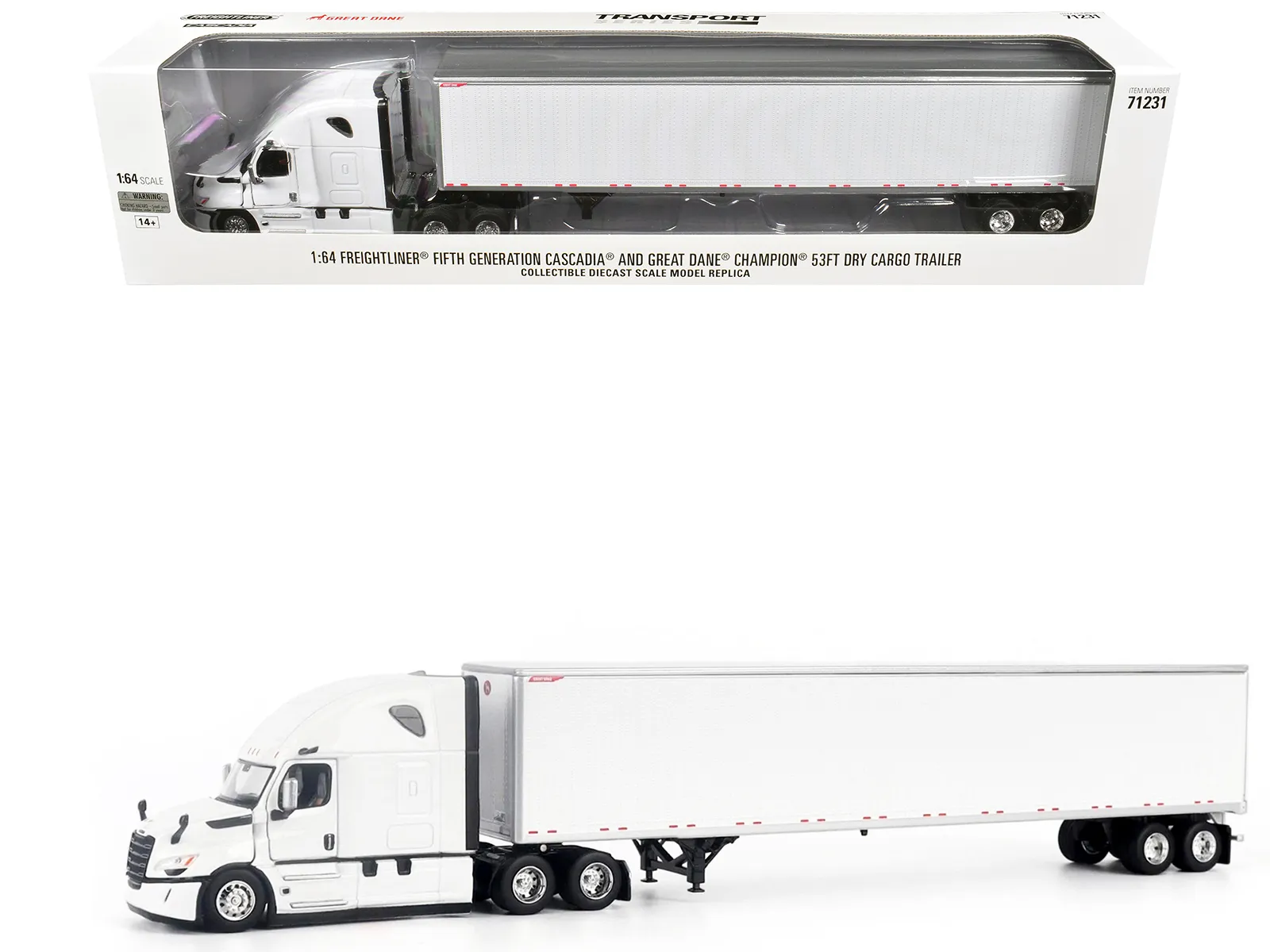 Diecast Masters 71231 — 2025 Freightliner Cascadia Gen-5 Truck Tractor with Sleeper and Great Dane Champion 53ft Dry Cargo Trailer Winter White "Transport Series" 1/64 Diecast Model by Diecast Masters