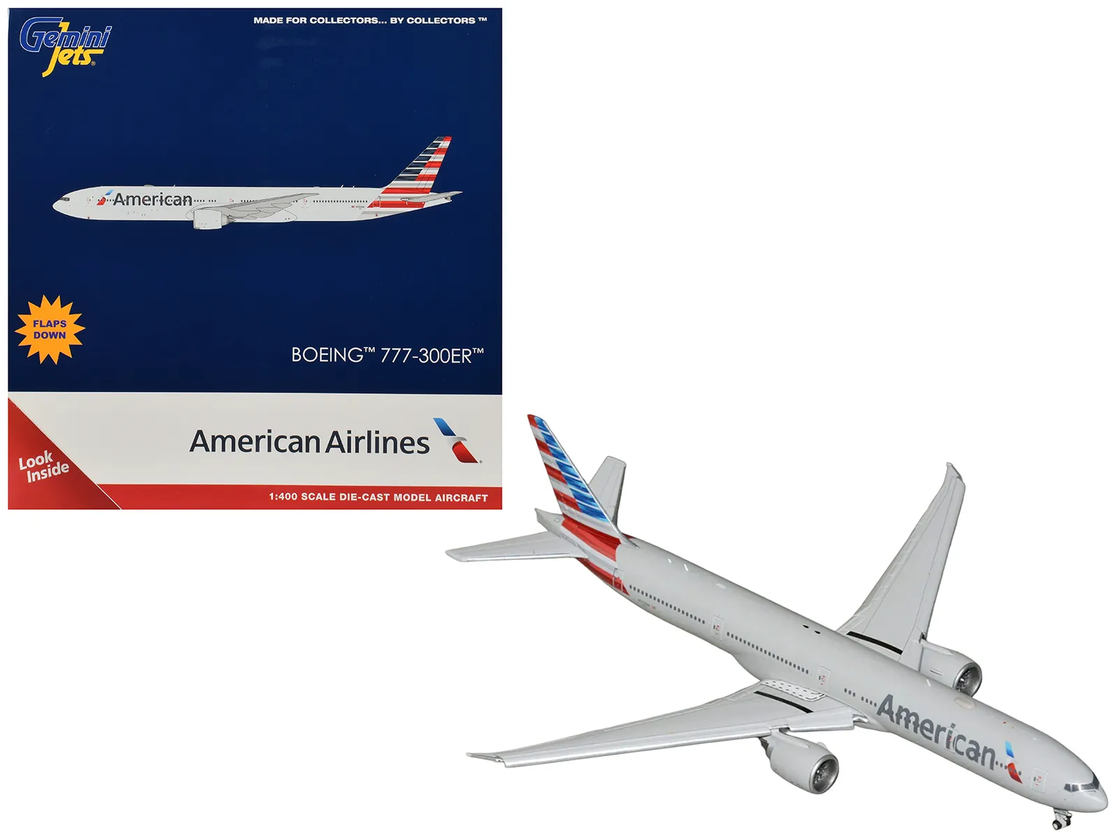 GeminiJets GJ2303F — Boeing 777-300ER Commercial Aircraft with Flaps Down "American Airlines" (N722AN) Gray with Striped Tail 1/400 Diecast Model by GeminiJets