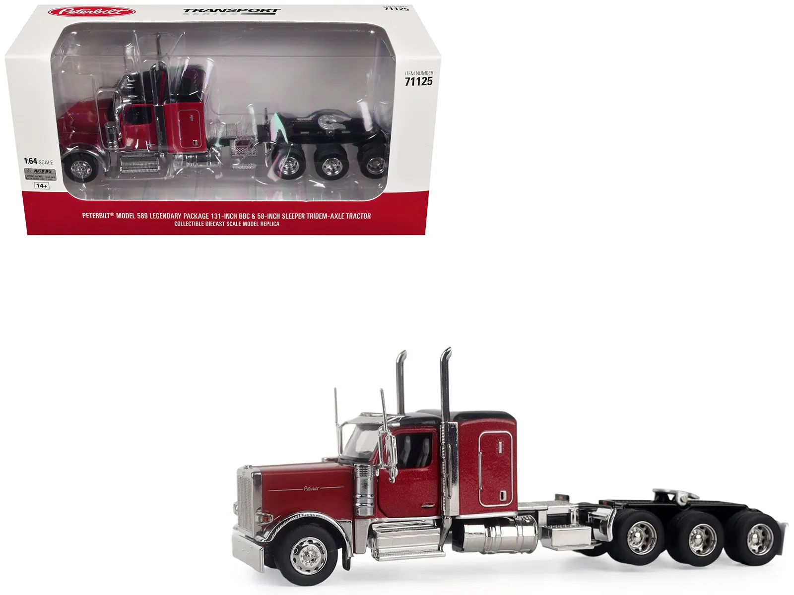 Diecast Masters 71125 — Peterbilt 589 Tridem-Axle Legendary Package Truck Tractor with 58" Sleeper Legendary Red "Transport Series" 1/64 Diecast Model by Diecast Masters