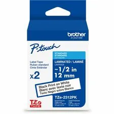 Brother BRT TZE2312PKG — Brother P-touch TZe2312PK BK on WHT Label Tapes, Laminated, 12mmX8m each - 15/32" Width - White - Laminated - Water Resistant - 2 / Pack