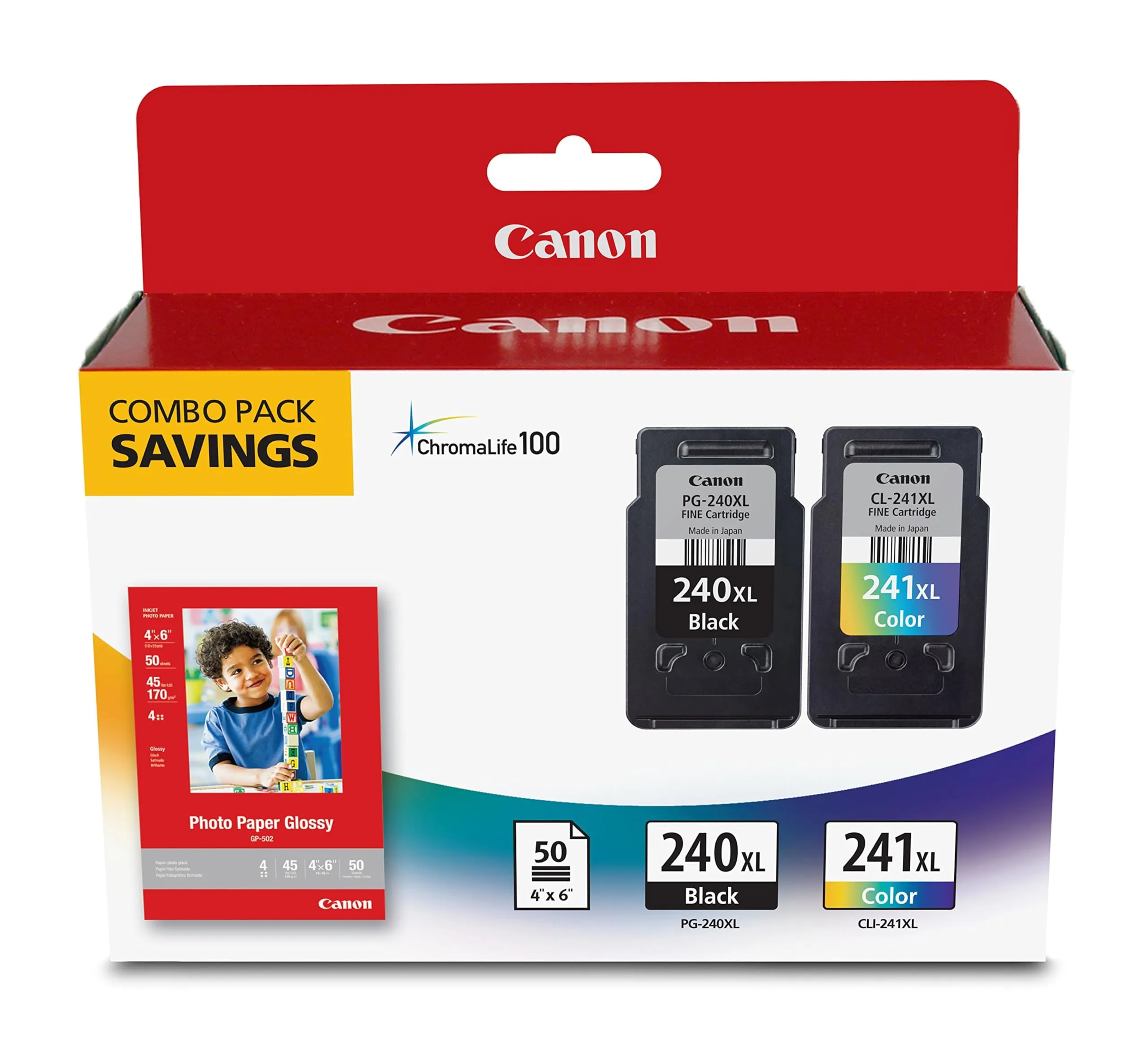 CANON 5206B005 — Canon (PG-240XL/CL-241XL) High Yield Black and Color Ink Combo Pack (Includes 1 Each of OEM# 5206B001 5208B001 50 Sheets Photo Paper) (300 Yield Black 400 Yield Color)