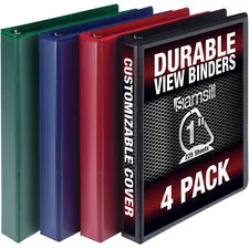 Samsill SAM MP46409 — Samsill Durable View Binders - 1" Binder Capacity - Letter - 8 1/2" x 11" Sheet Size - 225 Sheet Capacity - 3 Ring - Fastener: D-Ring - Pocket: 2, Internal - Polypropylene, Chipboard - Black, Blue, Red, Green - Durable, Clear Overlay, Ink-transfer Resistant, Wear Resistant, Tear Resistant - 4 / Pack