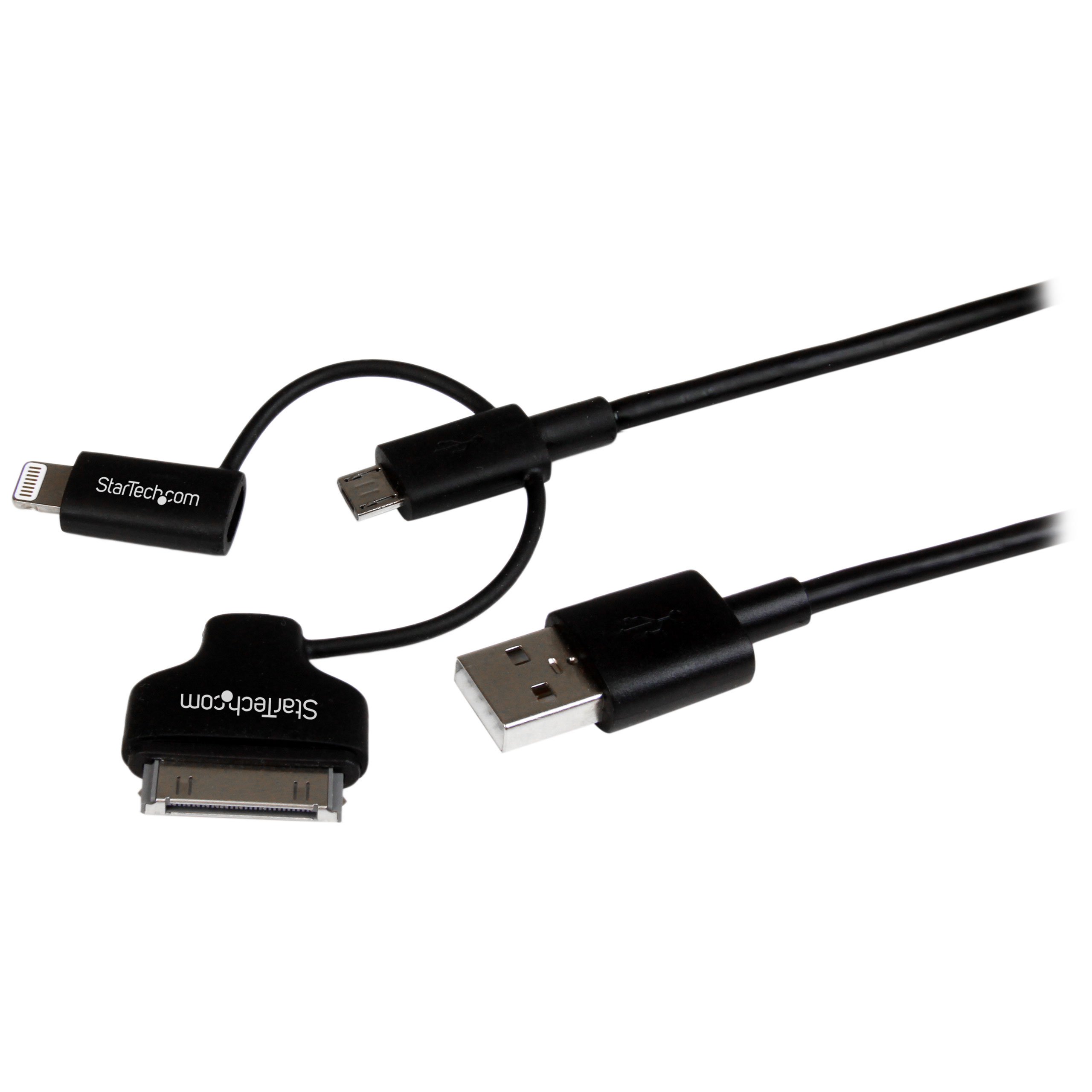 STARTECH STC LTADUB1MB — StarTech.com Lightning/30-pin Dock/Micro USB to USB Combo Cable - 3.28 ft Lightning/Proprietary/USB Data Transfer Cable for iPhone, iPad, iPod, Tablet - First End: 1 x 8-pin Lightning - Male, 1 x 30-pin Apple Dock - Male, 1 x 5-pin Micro USB 2.0 Type B - Male - Second End: 1 x 4-pin USB 2.0 Type A - Male - 480 Mbit/s - MFI - Nickel Plated Connector - 24/28 AWG - Black - 1 Each
