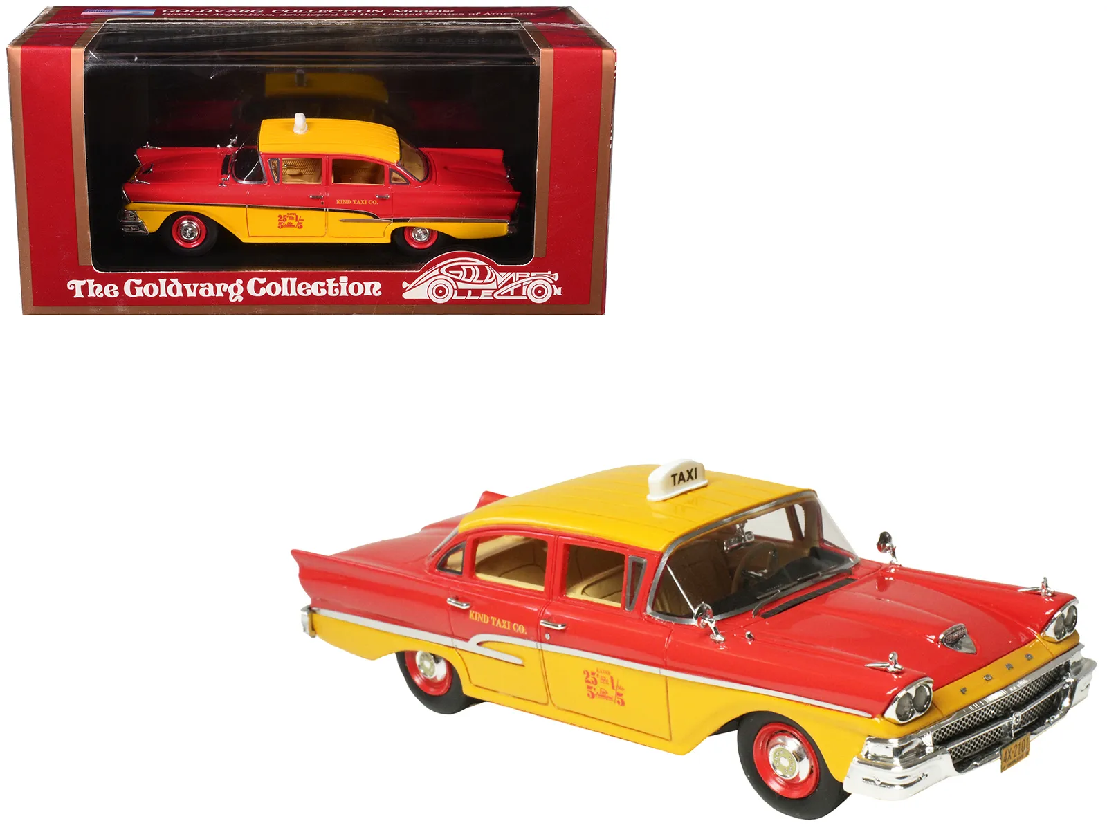 Goldvarg Collection GC-087 — 1958 Ford Custom 300 Taxi Cab "Kind Taxi Co." Red and Yellow with Yellow Interior Limited Edition to 200 pieces Worldwide 1/43 Model Car by Goldvarg Collection
