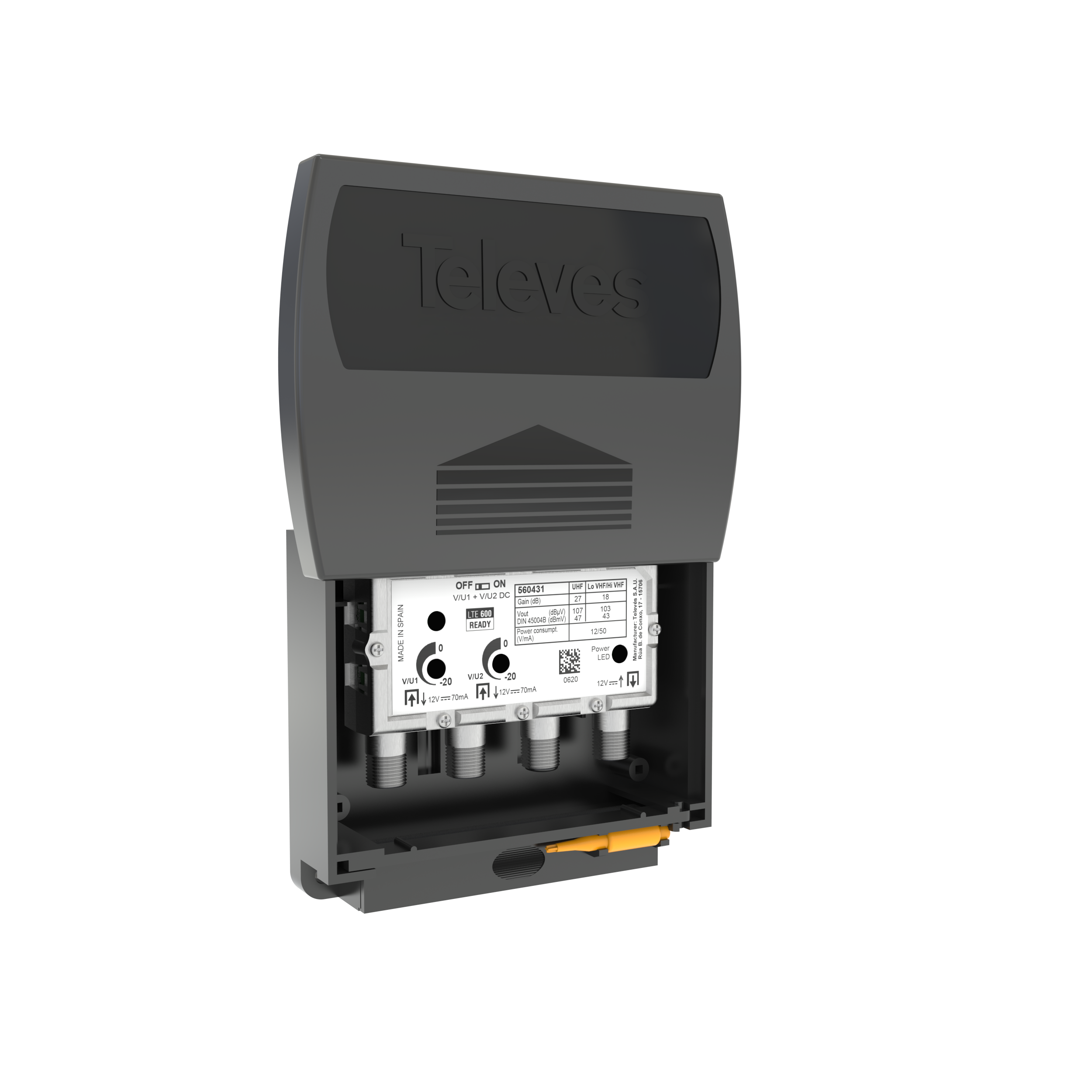 TELEVES 560483 — Dual Input Antenna Preamp, Coaxial F-fitting Connections, Automatic Gain Control (AGC), 5G filtered