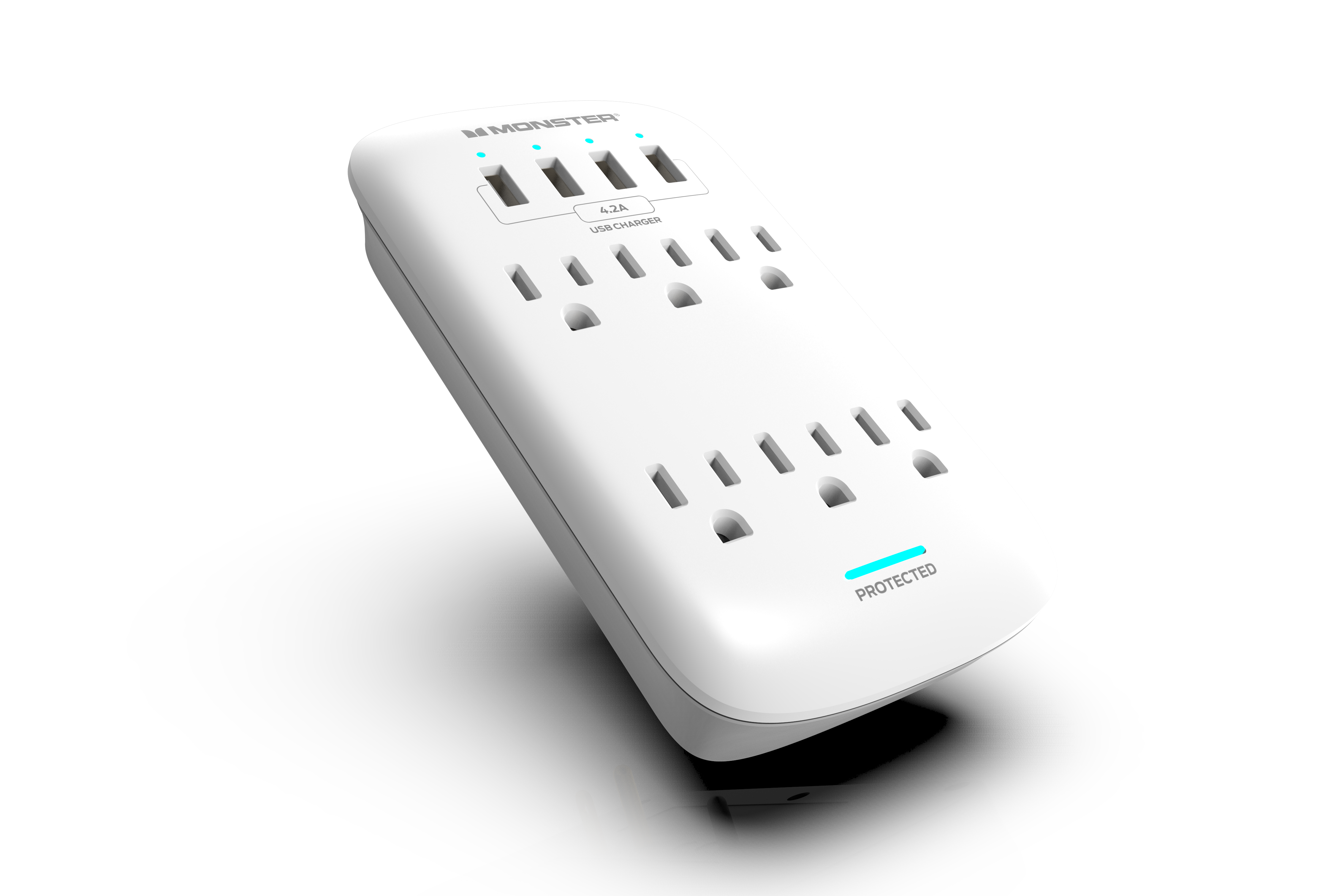 Monster ME-5016W — Wall Tap Surge Protector 6 AC 4 USB-A (4.2amp) 980j Fireproof Mov White