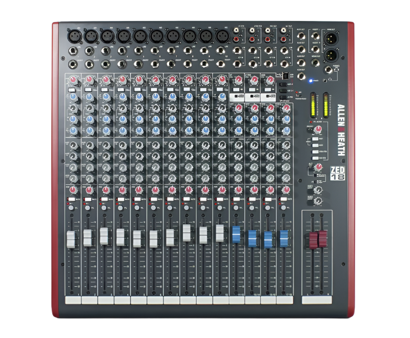 ALLEN and HEATH AH-ZED18 — 10 Mono Mic/Line + Stereo, 4 Aux Sends, 3 band swept mid EQ, 2 x 2 USB I/O, 100mm Faders