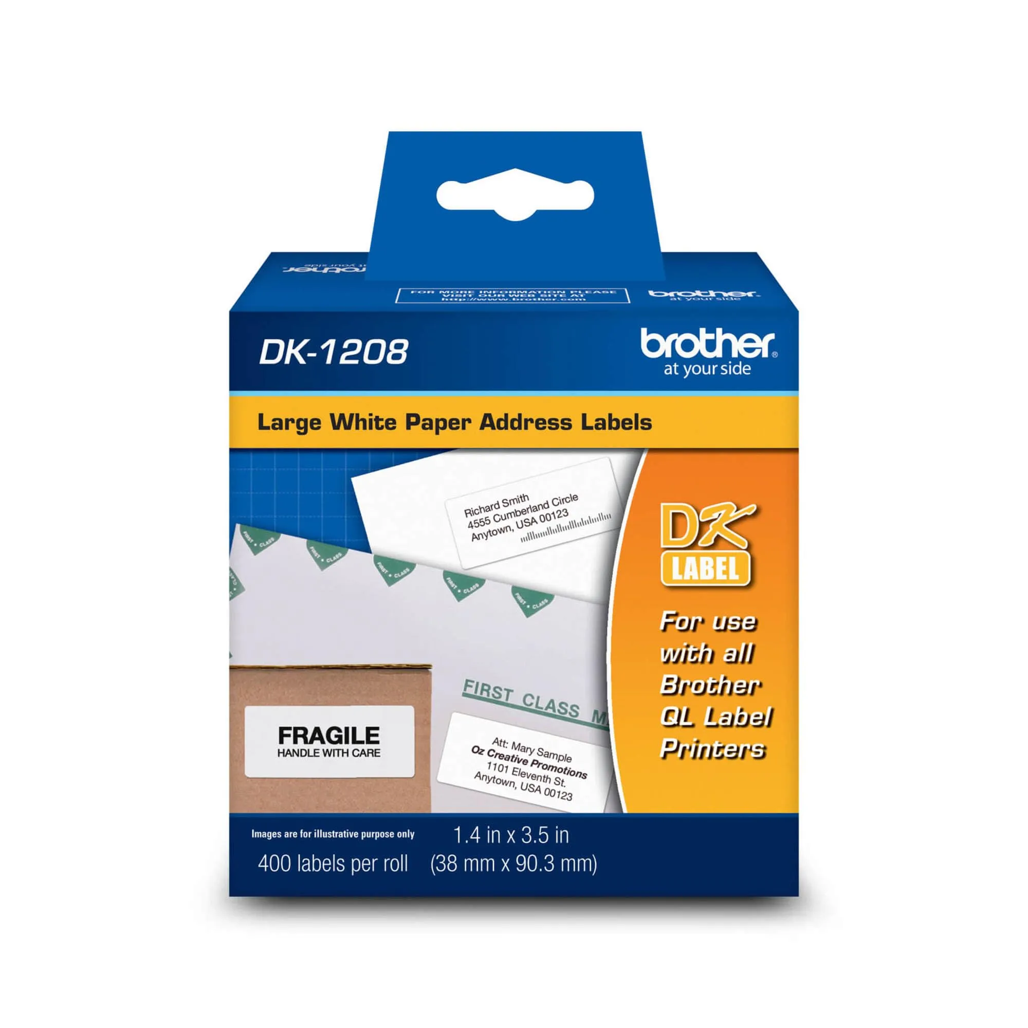Brother BRTDK1208 — Brother QL Printer DK1208 Large Address Labels - 3 1/2" Width x 1 1/2" Length - Rectangle - Direct Thermal - White - Paper - 400 / Roll - 1 Roll
