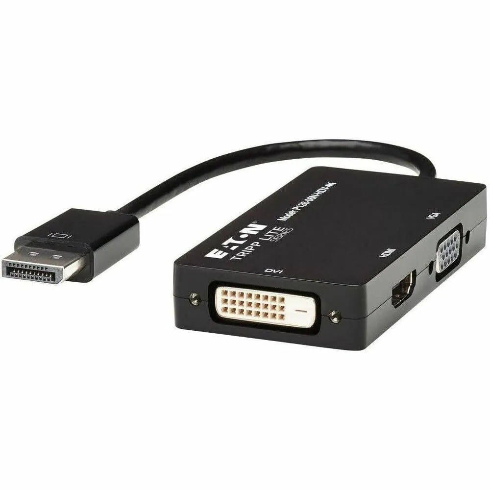 Eaton Tripplite TRP P13606NHDV4K — Tripp Lite series P136-06N-HDV-4K DisplayPort/HDMI/DVI/VGA Audio/Video Cable - 6" DVI/DisplayPort/HDMI/VGA A/V Cable for Audio/Video Device, Notebook, Tablet, Monitor, Projector, TV - First End: 1 x DisplayPort 1.2 Digital Audio/Video - Male - Second End: 1 x 15-pin HD-15 - Female, 1 x HDMI Digital Audio/Video - Female, 1 x DVI (Dual-Link) Digital Video - Female - Supports up to 3840 x 2160 - Black - 1 Each