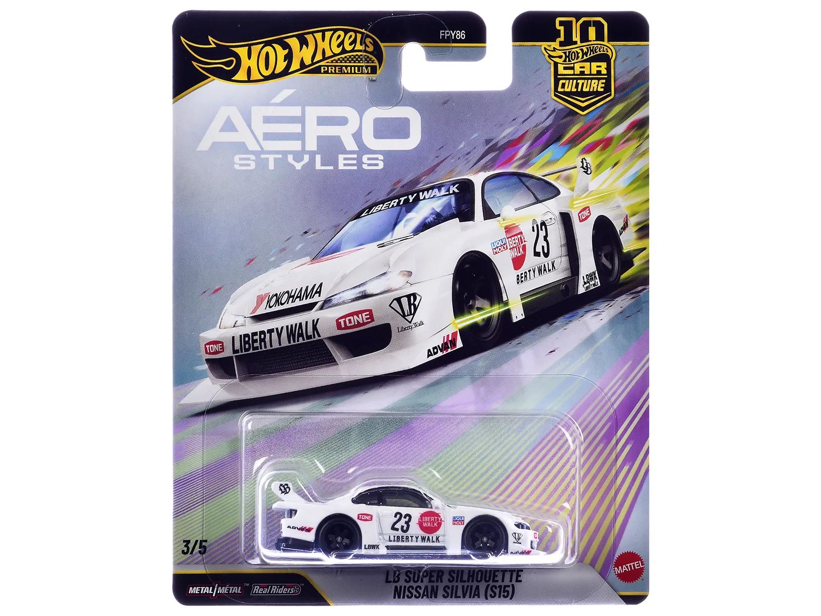 Hot Wheels JKF34 — Nissan Silvia (S15) LB Super Silhouette RHD (Right Hand Drive) #23 White with Graphics "Aero Styles" Series Diecast Model Car by Hot Wheels